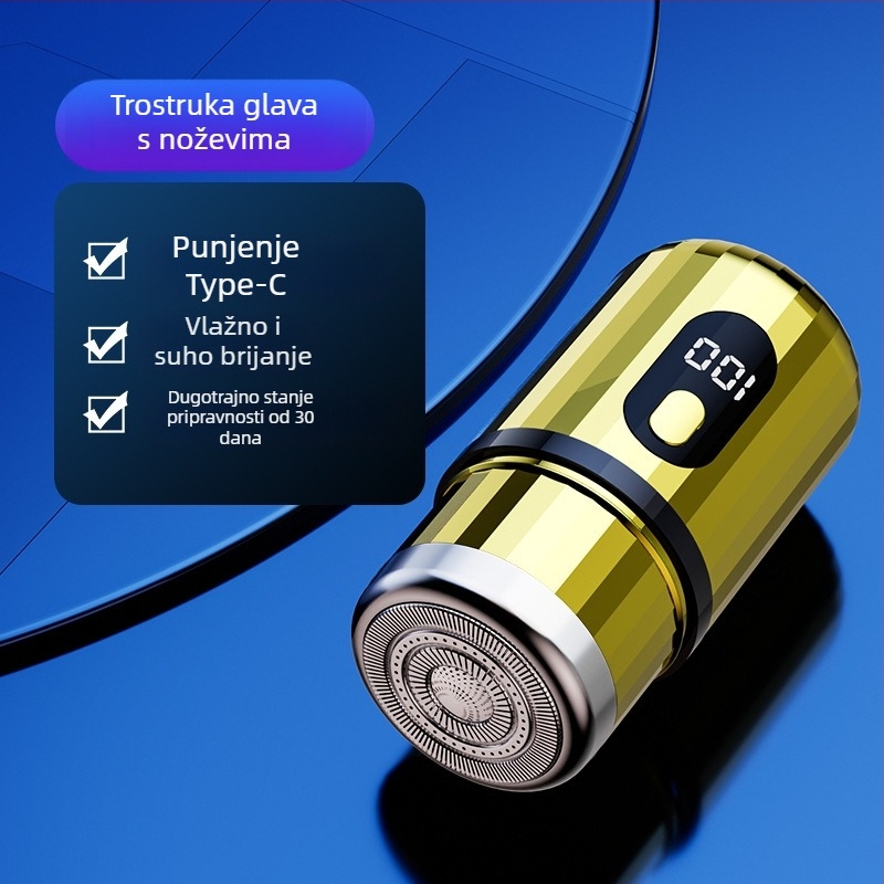 Cilindrični električni brijač s LED zaslonom, prenosni, 1 rotacijska glava, odvojiva i periva glava, ugrađena baterija 300–500 mAh, buka do 36 dB
