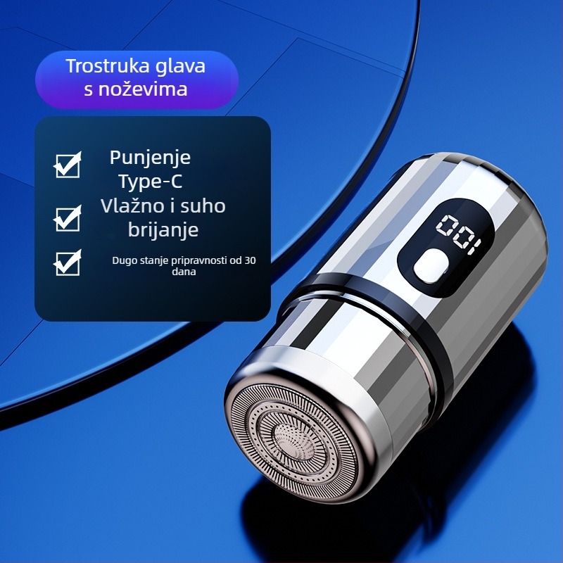 Cilindrični električni brijač s LED zaslonom, prenosni, 1 rotacijska glava, odvojiva i periva glava, ugrađena baterija 300–500 mAh, buka do 36 dB
