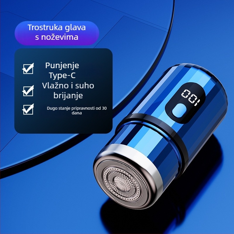 Cilindrični električni brijač s LED zaslonom, prenosni, 1 rotacijska glava, odvojiva i periva glava, ugrađena baterija 300–500 mAh, buka do 36 dB