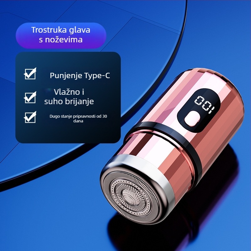 Cilindrični električni brijač s LED zaslonom, prenosni, 1 rotacijska glava, odvojiva i periva glava, ugrađena baterija 300–500 mAh, buka do 36 dB