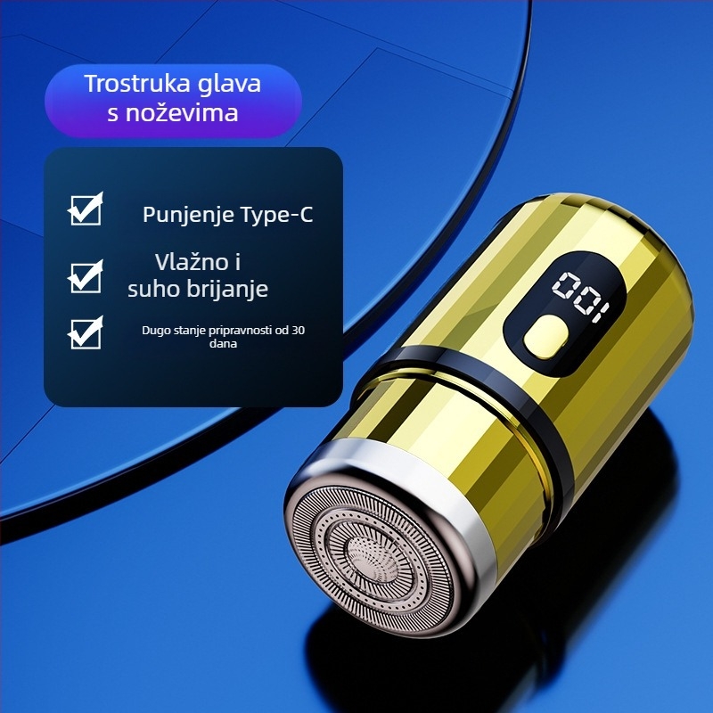 Cilindrični električni brijač s LED zaslonom, prenosni, 1 rotacijska glava, odvojiva i periva glava, ugrađena baterija 300–500 mAh, buka do 36 dB
