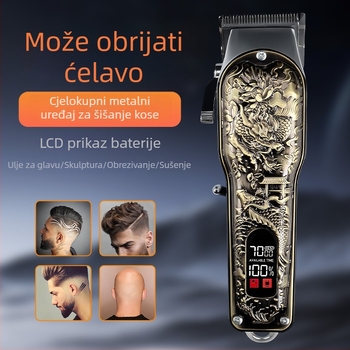 Set za šišanje kose s punjivim četkastim motorom, aluminijsko kućište, ugrađena baterija 1000–1200 mAh, radno vrijeme 1–3 h, niska buka ispod 36 dB.