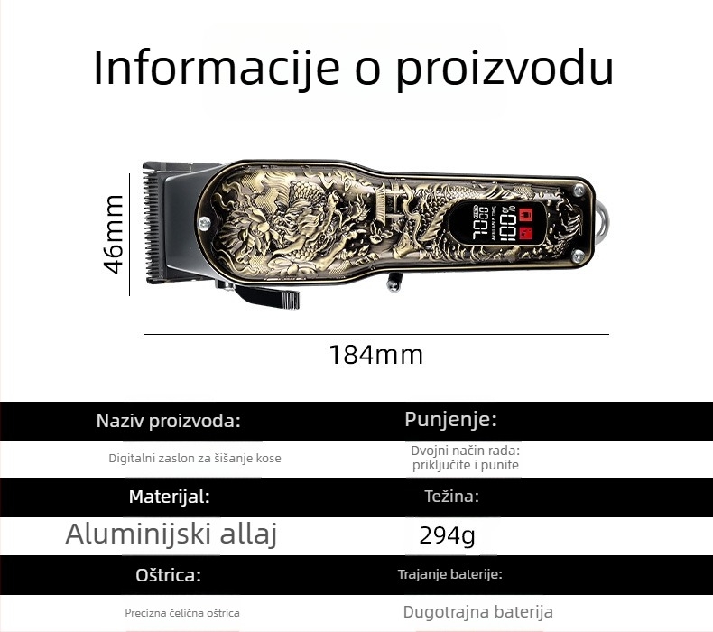 Set za šišanje kose s punjivim četkastim motorom, aluminijsko kućište, ugrađena baterija 1000–1200 mAh, radno vrijeme 1–3 h, niska buka ispod 36 dB.