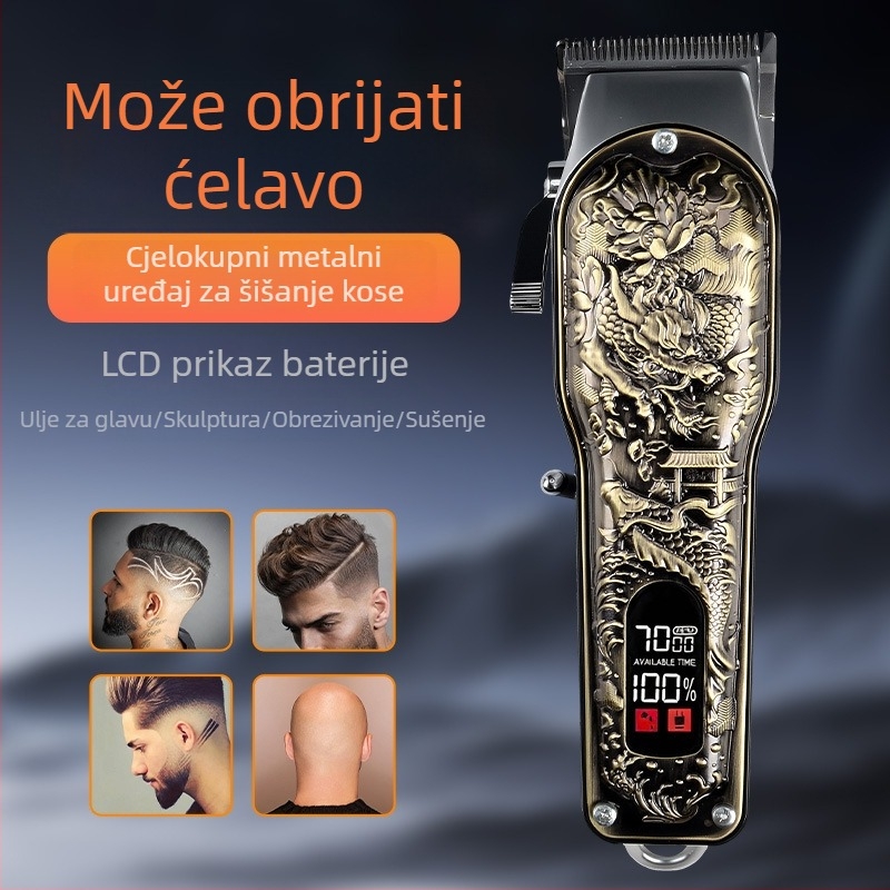 Set za šišanje kose s punjivim četkastim motorom, aluminijsko kućište, ugrađena baterija 1000–1200 mAh, radno vrijeme 1–3 h, niska buka ispod 36 dB.