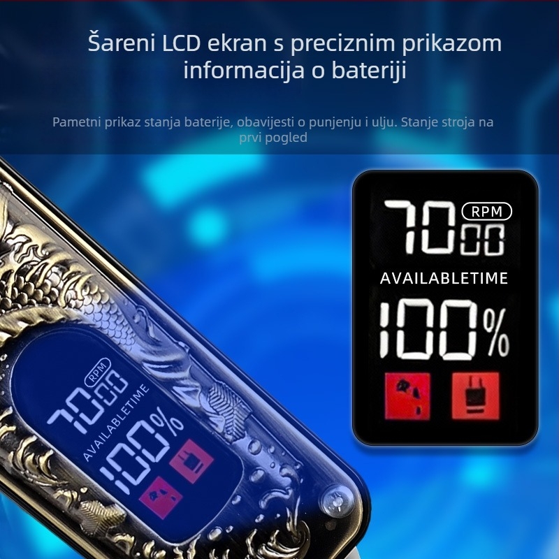 Set za šišanje kose s punjivim četkastim motorom, aluminijsko kućište, ugrađena baterija 1000–1200 mAh, radno vrijeme 1–3 h, niska buka ispod 36 dB.
