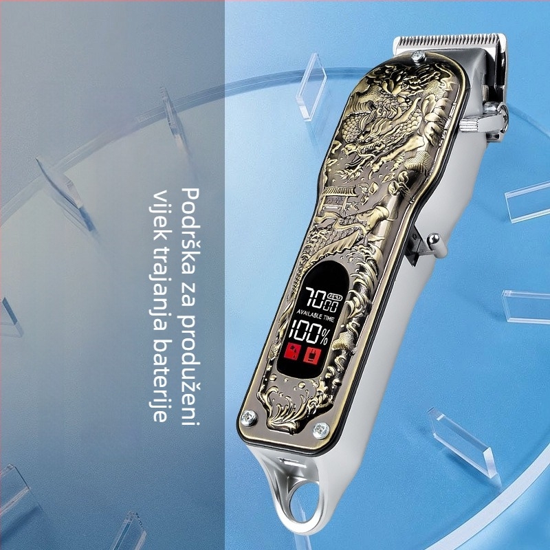 Set za šišanje kose s punjivim četkastim motorom, aluminijsko kućište, ugrađena baterija 1000–1200 mAh, radno vrijeme 1–3 h, niska buka ispod 36 dB.