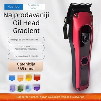 Šišač kose s nožem od titanijevog legura, metalno kućište, ugrađena baterija 2000–4000 mAh, trajanje 3–6 sati, četkasti motor, odvojiva i periva glava za rezanje