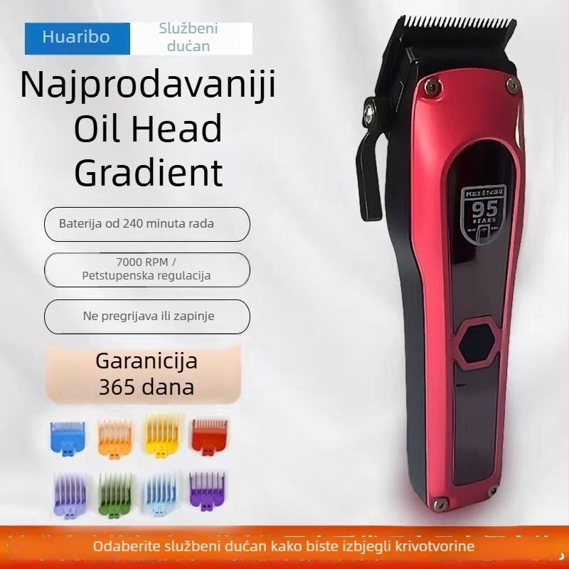 Šišač kose s nožem od titanijevog legura, metalno kućište, ugrađena baterija 2000–4000 mAh, trajanje 3–6 sati, četkasti motor, odvojiva i periva glava za rezanje