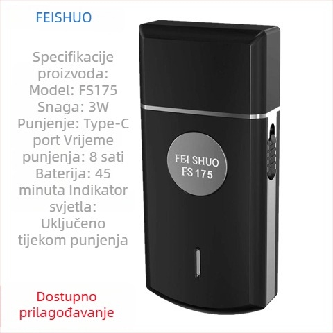 Feishuo FS175 607 Električni brijač, punjivi, s jednom pomičnom glavom, plutajuća glava za rez, bez četkasti motor, uklonjiva i periva glava, 45 minuta rada