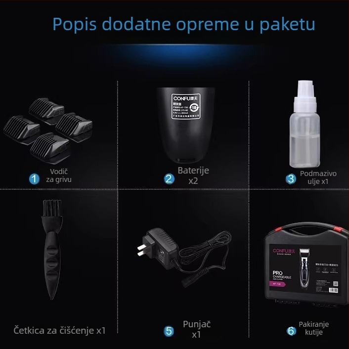 Koji T90 Električni uređaj za kosu s ugrađenom punjivom baterijom, keramičko oštrenje, četkasti motor, periva glava za rezanje, radno vrijeme 1-3 h