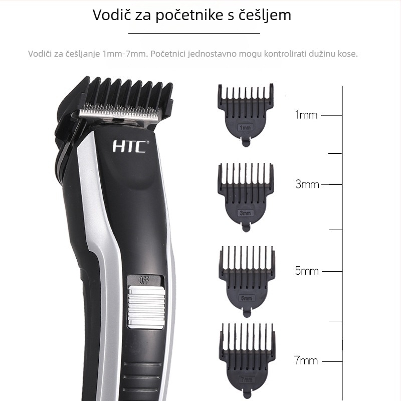 HTC električna mašinica za šišanje kose za kućnu upotrebu, pogodna za odrasle i djecu, s integriranom baterijom (500–800 mAh), motor s četkicama, vodootporna, model AT-538