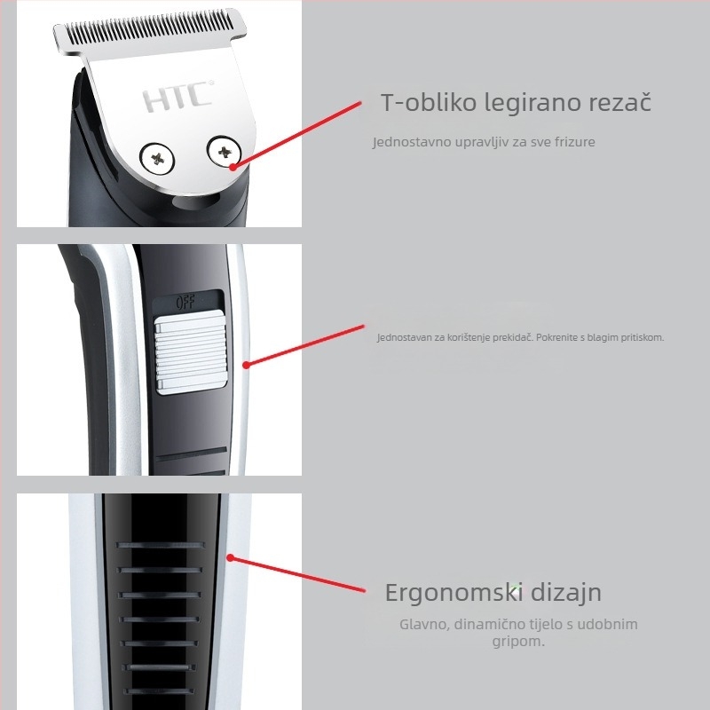 HTC električna mašinica za šišanje kose za kućnu upotrebu, pogodna za odrasle i djecu, s integriranom baterijom (500–800 mAh), motor s četkicama, vodootporna, model AT-538