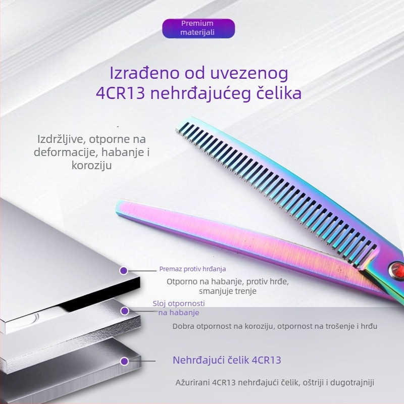 Set škare za njegu kućnih ljubimaca – 4Cr nehrđajući čelik, ravna glava, fino poliranje, težina 70 g, debljina 6 mm.