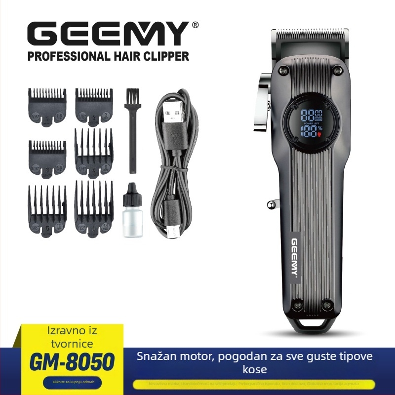 Geemy 8050 Hair Clipper s brushless motorom, oštrice od nehrđajućeg čelika, ugrađena baterija 1200–2000 mAh, punjiva