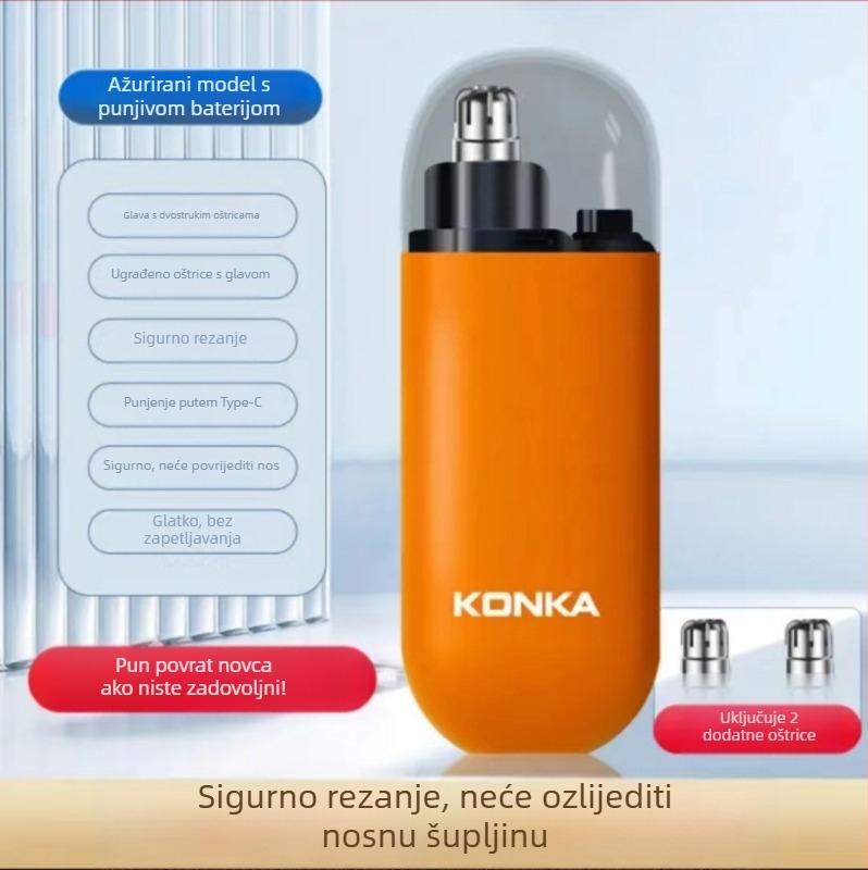 Muški električni trimer za nos, punjiv, periva glava za rezanje, ABS kućište, ugrađena baterija 300–500 mAh, trajanje baterije preko 15 dana