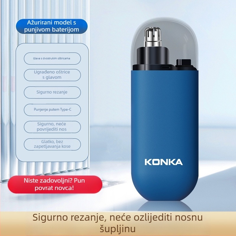 Muški električni trimer za nos, punjiv, periva glava za rezanje, ABS kućište, ugrađena baterija 300–500 mAh, trajanje baterije preko 15 dana