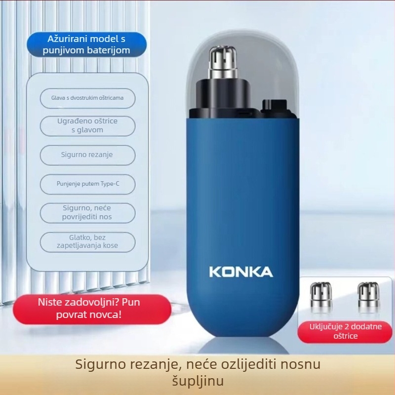 Muški električni trimer za nos, punjiv, periva glava za rezanje, ABS kućište, ugrađena baterija 300–500 mAh, trajanje baterije preko 15 dana