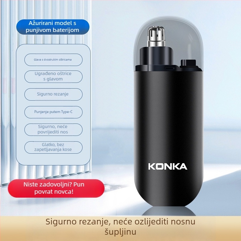 Muški električni trimer za nos, punjiv, periva glava za rezanje, ABS kućište, ugrađena baterija 300–500 mAh, trajanje baterije preko 15 dana