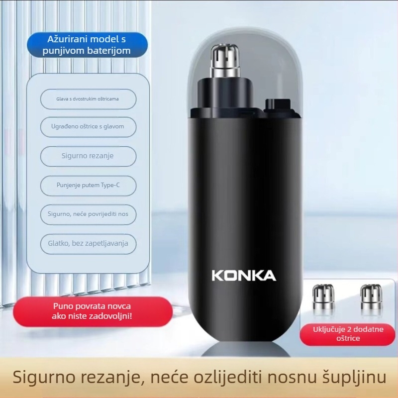 Muški električni trimer za nos, punjiv, periva glava za rezanje, ABS kućište, ugrađena baterija 300–500 mAh, trajanje baterije preko 15 dana