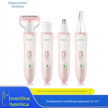 4-u-1 električni grooming set za žene: podrezivanje nosnih dlačica, obrva, bočnih dlačica i brijanje; punjiva ugrađena baterija 300–500 mAh; ABS materijal