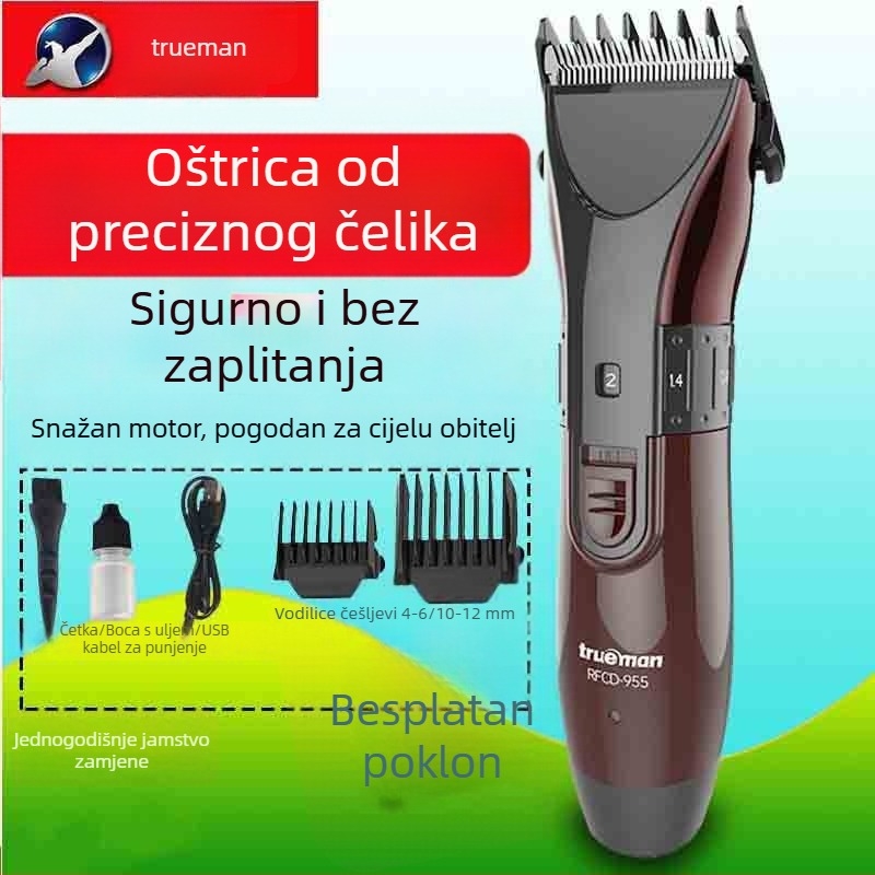 Trueman Real Man bežični električni podšišač za kosu, titanijumska oštrica, ravna glava, za odrasle i djecu