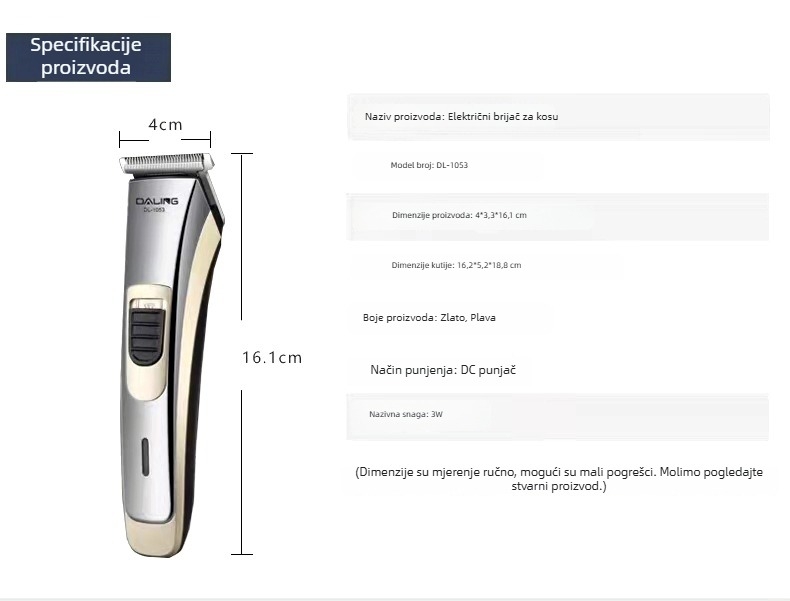 Daling DL-1053 električni šišač za kosu, punjivi, univerzalna upotreba, 220V