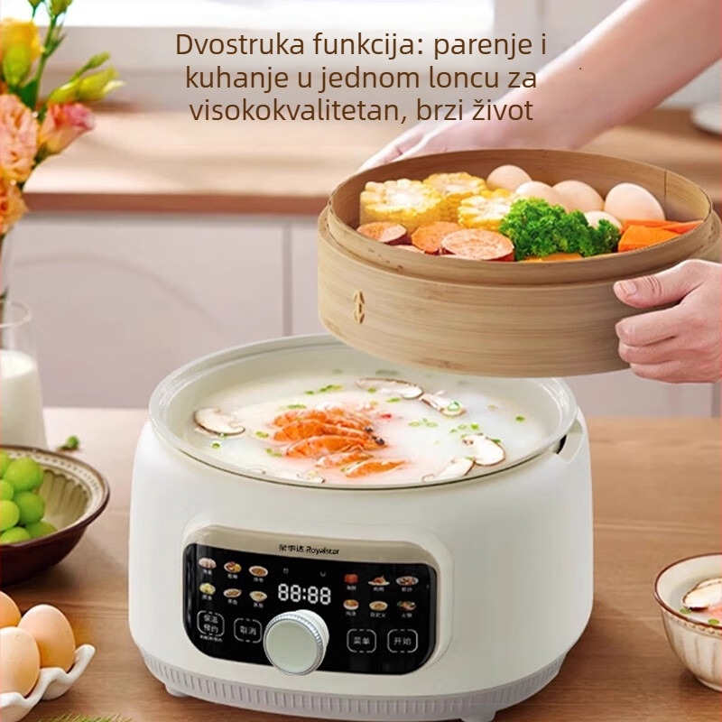 Električni parni lonac s dvostrukim slojem, kapacitet 5 L, unutarnji posuda od titan-keramičkog kristala, 2000 W, upravljanje gumbom.