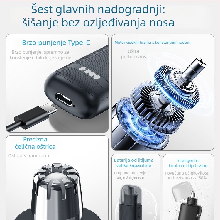 Električni trimer za nosne dlačice, kompaktan, ABS kućište, litijeva baterija, odvojiva i periva glava, trajanje baterije preko 30 dana