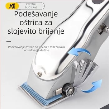 Električni kliper za kosu s ugrađenom baterijom, napajanje iz mreže (plug-in), bezkartični motor, oštrice od nehrđajućeg čelika, buka ispod 36 dB