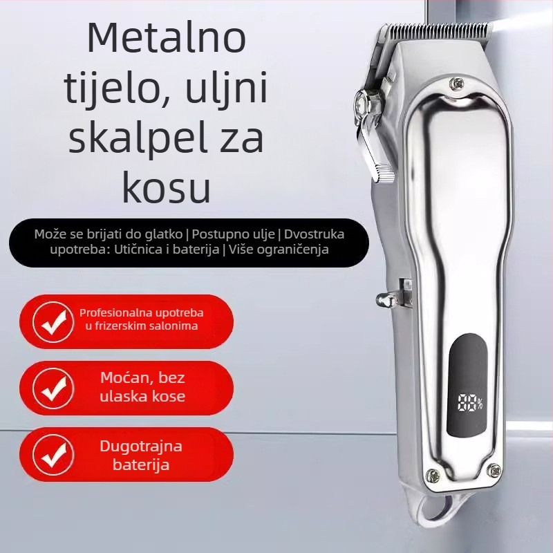 Električni kliper za kosu s ugrađenom baterijom, napajanje iz mreže (plug-in), bezkartični motor, oštrice od nehrđajućeg čelika, buka ispod 36 dB
