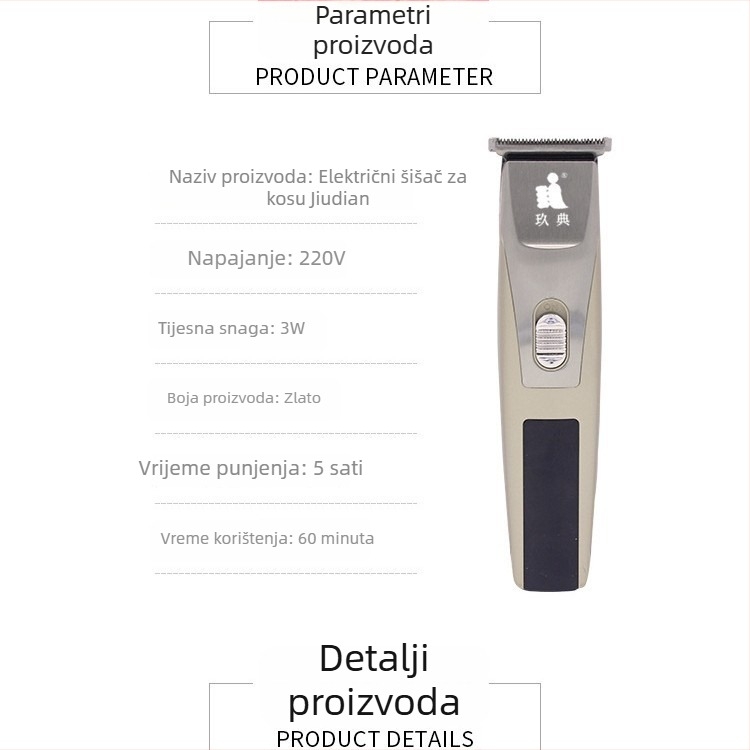 Kosač za kosu za odrasle i djecu, punjiva, motor s četkicom, oštrica od titanijeve legure, vodootporan, periva glava za rezanje, ugrađena baterija 1000–1200 mAh, buka ispod 36 dB