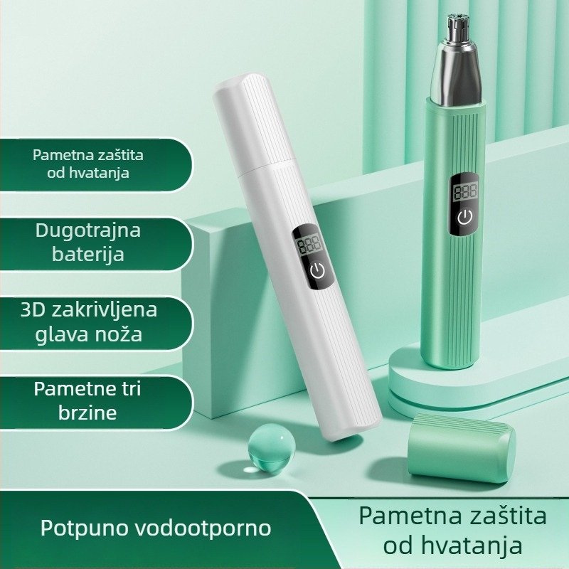 Električni trimer za nosne dlačice, ABS kućište, ugrađena punjiva baterija, kapacitet baterije 100–300 mAh, autonomija više od 7 dana