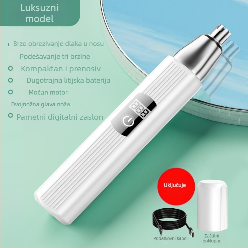 Električni trimer za nosne dlačice, ABS kućište, ugrađena punjiva baterija, kapacitet baterije 100–300 mAh, autonomija više od 7 dana