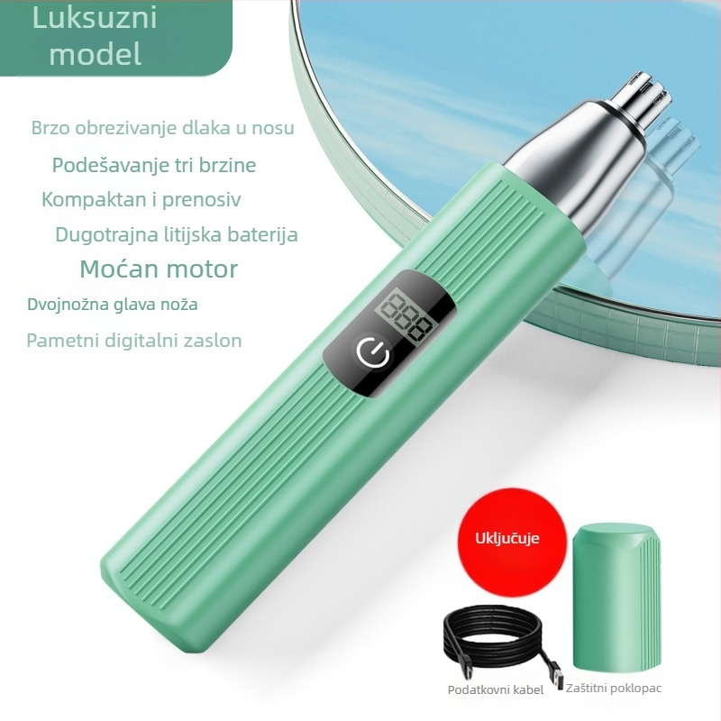 Električni trimer za nosne dlačice, ABS kućište, ugrađena punjiva baterija, kapacitet baterije 100–300 mAh, autonomija više od 7 dana