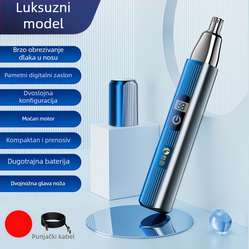 Električni trimer za nosne dlačice, ABS kućište, ugrađena punjiva baterija, kapacitet baterije 100–300 mAh, autonomija više od 7 dana