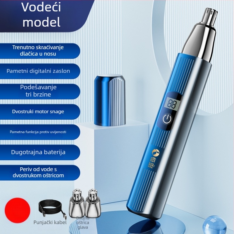 Električni trimer za nosne dlačice, ABS kućište, ugrađena punjiva baterija, kapacitet baterije 100–300 mAh, autonomija više od 7 dana