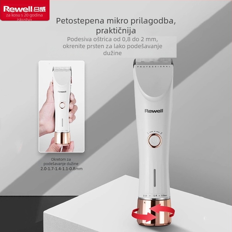Rewell aparat za šišanje kose – bezčetkasti motor, nož titanijskog legura, izmjenjiva i periva glava za rezanje, ugrađena baterija 2000–4000 mAh, 6–8 sati rada