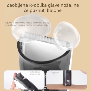 Električni šišač za novorođenčad s tihim motorom bez četkica, titanijumska oštrica, odvojiva i periva glava, ugrađena punjiva baterija 500–800 mAh, do 1 sat rada.
