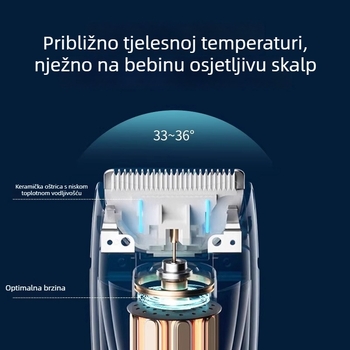 Električni šišač za novorođenčad s tihim motorom bez četkica, titanijumska oštrica, odvojiva i periva glava, ugrađena punjiva baterija 500–800 mAh, do 1 sat rada.