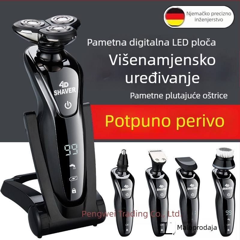 Električni brijač s rotirajućom glavom od 3 oštrice, mokro i suho brijanje, trajanje baterije 30–45 minuta, vrijeme punjenja 4 sata
