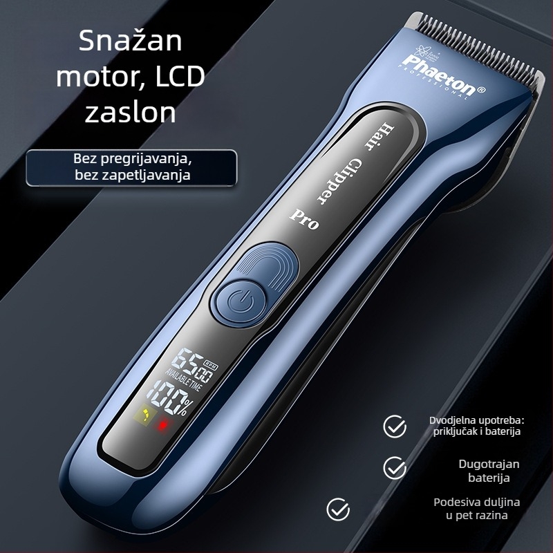 Profesionalna električna šišalica za kosu za salon — Phaeton; Napajanje: punjenje i rad iz baterije; Keramička oštrica; Oštrica se može skinuti i prati; Ugrađena baterija 2000–4000 mAh, trajanje 6–8 sati