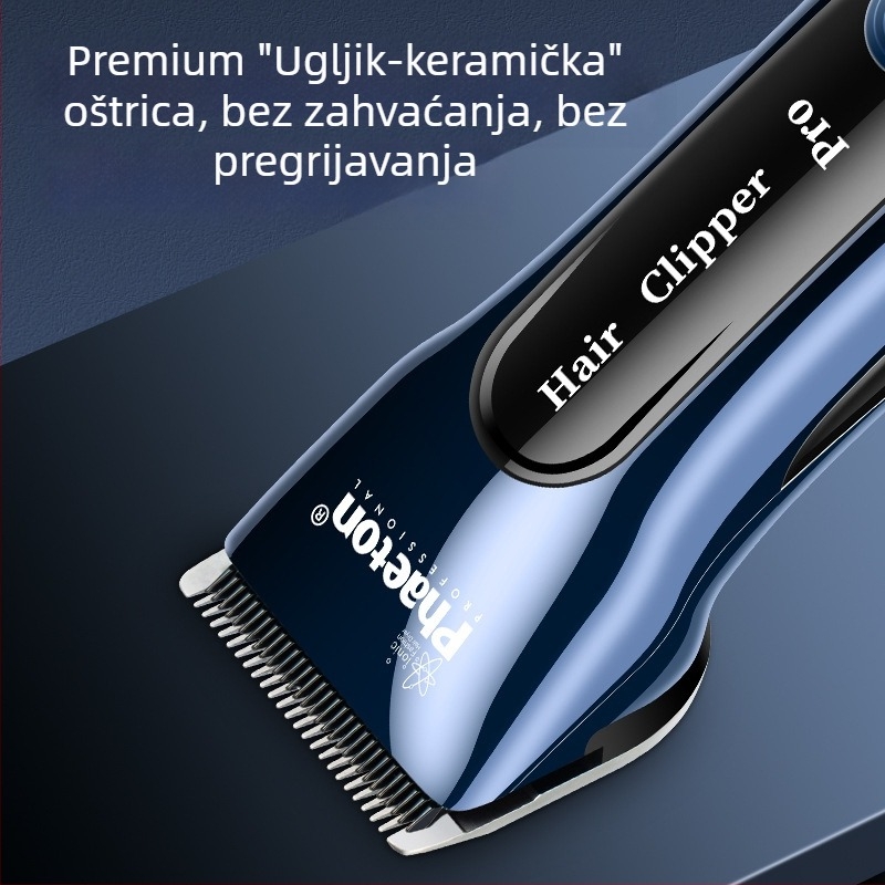 Profesionalna električna šišalica za kosu za salon — Phaeton; Napajanje: punjenje i rad iz baterije; Keramička oštrica; Oštrica se može skinuti i prati; Ugrađena baterija 2000–4000 mAh, trajanje 6–8 sati