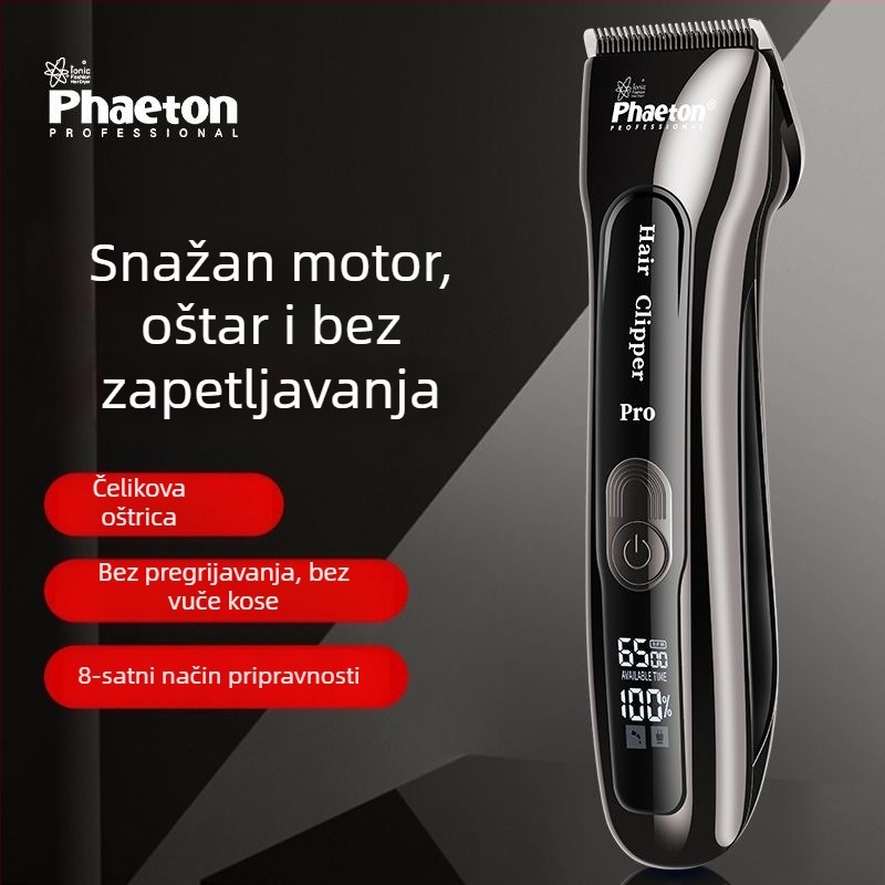 Profesionalna električna šišalica za kosu za salon — Phaeton; Napajanje: punjenje i rad iz baterije; Keramička oštrica; Oštrica se može skinuti i prati; Ugrađena baterija 2000–4000 mAh, trajanje 6–8 sati