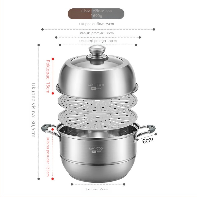 MAXCOOK posuda za paru od 304 nehrđajućeg čelika, trostruki sloj, univerzalno za indukcijsku ploču i plinsku ploču, 2 kg, model MCZ699