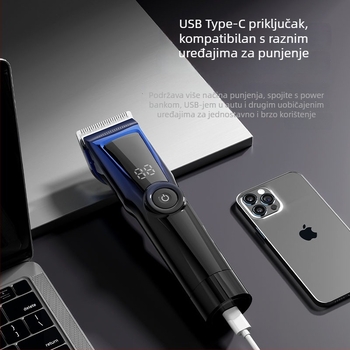 Električni šišač kose s brushless motorom, ugrađena punjiva baterija 2000–4000 mAh, autonomía 1–3 sata, nehrđajući čelik oštrice, perive oštrice