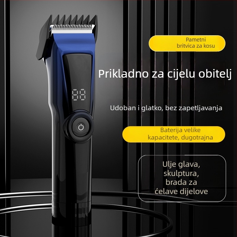 Električni šišač kose s brushless motorom, ugrađena punjiva baterija 2000–4000 mAh, autonomía 1–3 sata, nehrđajući čelik oštrice, perive oštrice