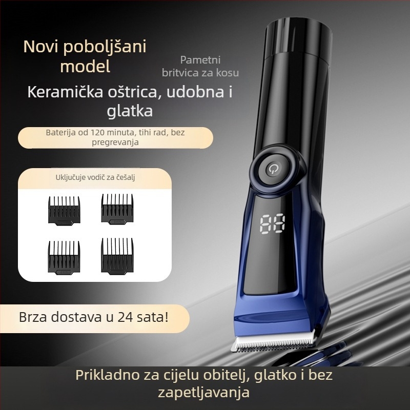 Električni šišač kose s brushless motorom, ugrađena punjiva baterija 2000–4000 mAh, autonomía 1–3 sata, nehrđajući čelik oštrice, perive oštrice