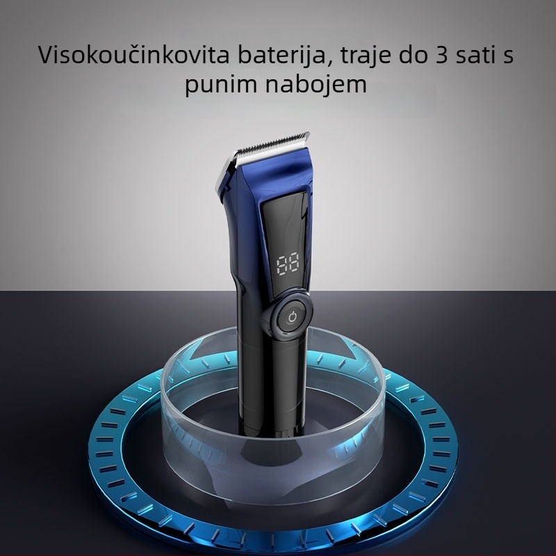 Električni šišač kose s brushless motorom, ugrađena punjiva baterija 2000–4000 mAh, autonomía 1–3 sata, nehrđajući čelik oštrice, perive oštrice