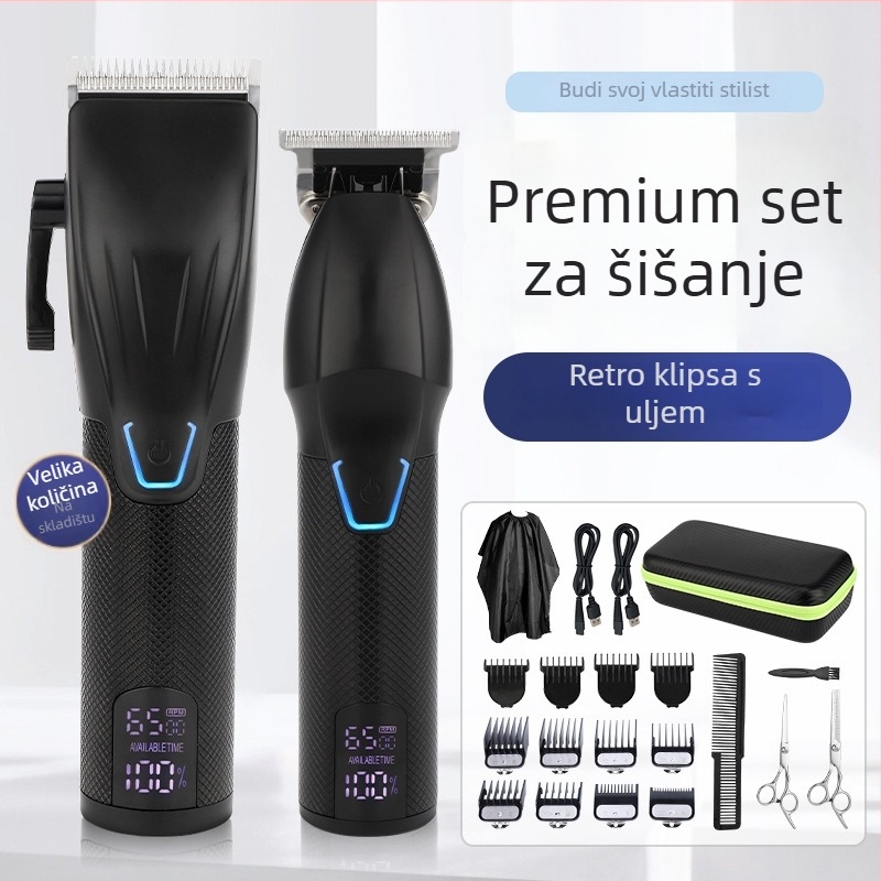 Električna mašinica za kosu s četkastim motorom, oštrica od nehrđajućeg čelika, ugrađena baterija 1200–2000 mAh, trajanje 1–3 h, buka 36–45 dB