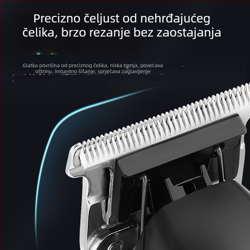 Električna mašinica za kosu s četkastim motorom, oštrica od nehrđajućeg čelika, ugrađena baterija 1200–2000 mAh, trajanje 1–3 h, buka 36–45 dB